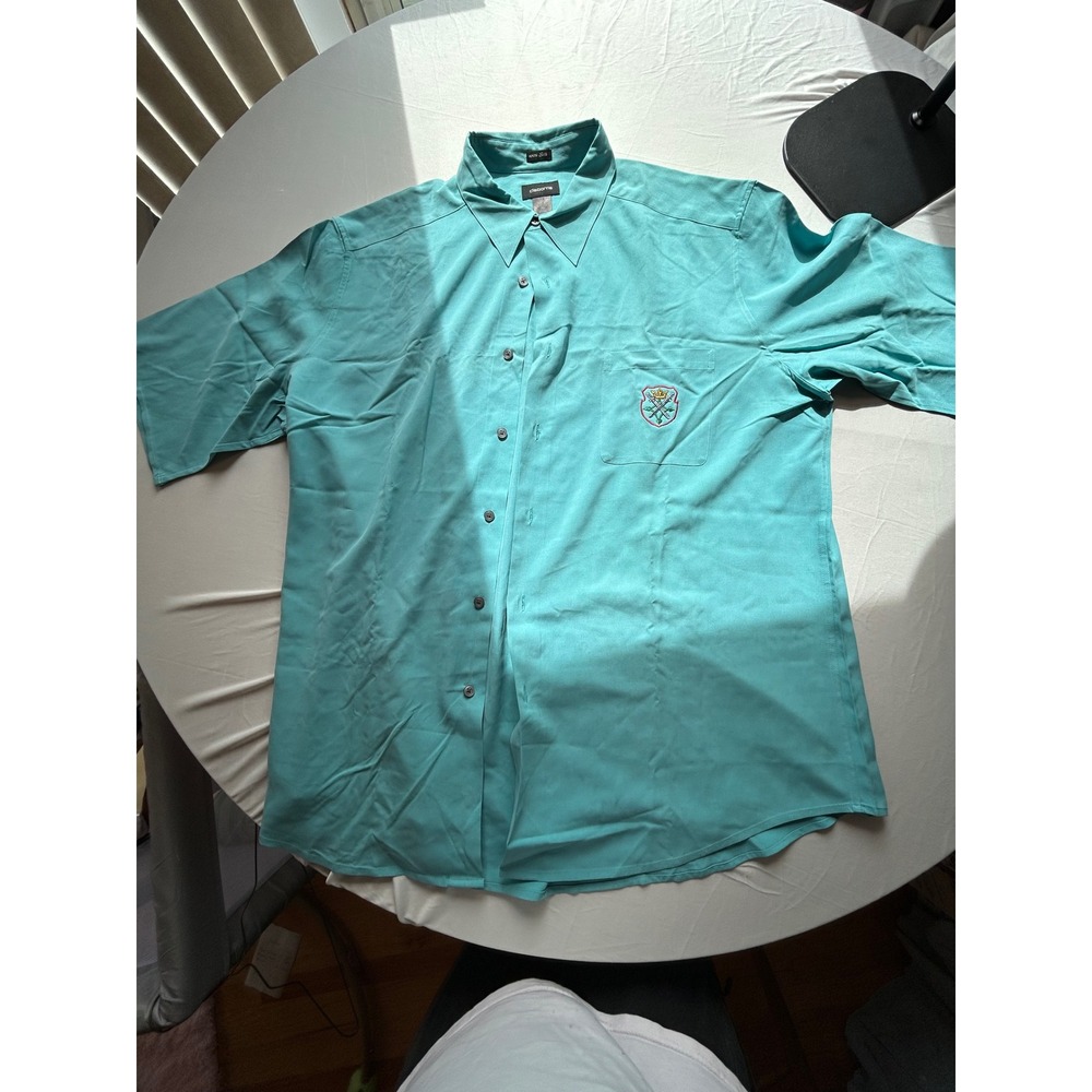 Claiborne Mens XL 100% Silk Short Sleeve Button Up Shirt Teal Crest Embroidered